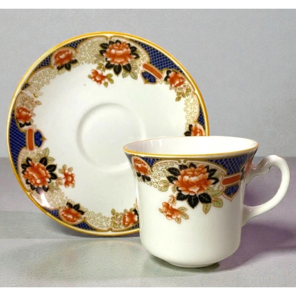 VTG Colclough England Bone China Teacup Saucer Imari 6613 Cobalt Blue Coral